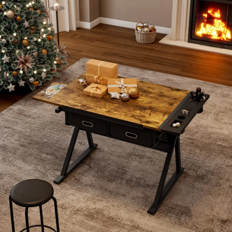 Adjustable Drafting Table Desk with 2 Large Fabric Drawers and Stool, Drawing Desk with Adjustable Leg Levelers, 38.5" L x 23.5" W x 27" H, Black