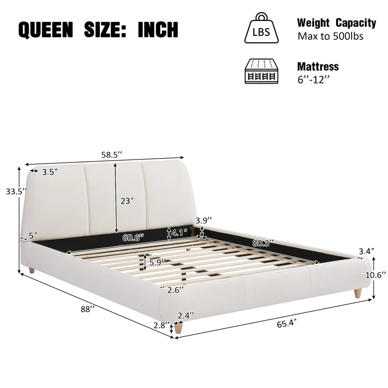 Modern Minimalist Upholstered Bed with Soft Padded Headboard, Platform Bed with Rubberwood Legs, 88'' L x 65.5'' W x 33.5'' H, White