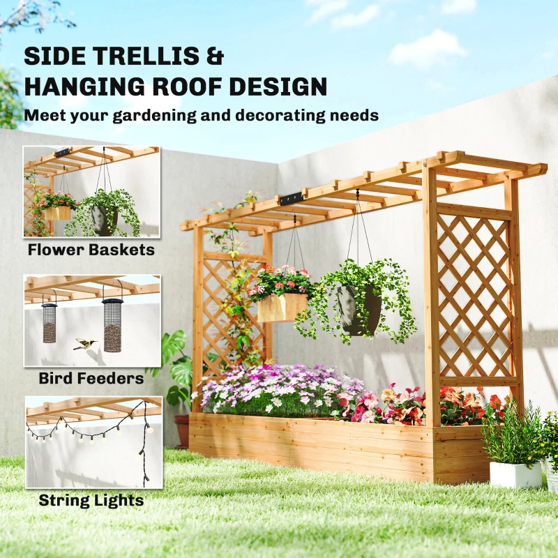 Outsunny Wooden Planter Box with Trellis, Hanging Roof and Drainage Holes for Climbing Plants, Vegetables, Herbs and Flowers