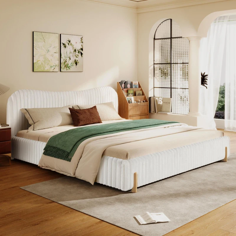 Modern Minimalist Upholstered Bed with Padded Headboard, Upholstered Platform Bed with Rubberwood Legs, 86'' L x 81.5'' W x 34.5'' H, White