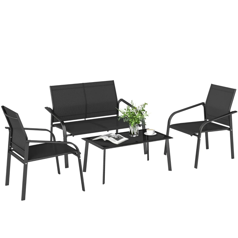 Outsunny 4 Piece Patio Furniture Set, Outdoor Conversation Set with Deep Seat, Loveseats, Armchairs, Glass-Top Table, Black