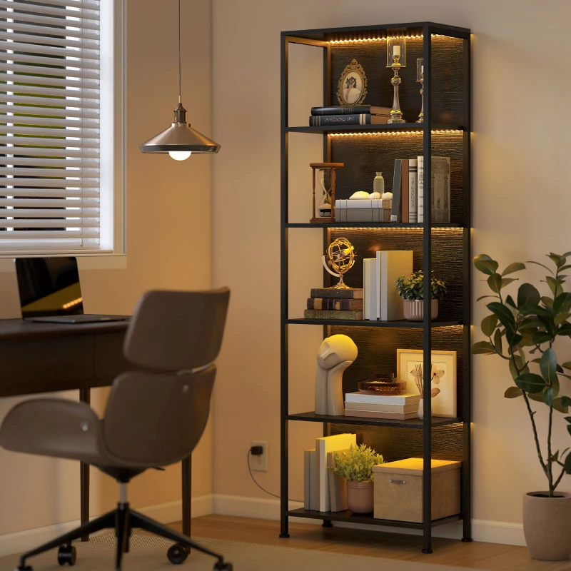 HOMCOM 5-Tier Bookshelf, Freestanding Bookcase with LED Lights and Metal Frame for Living Room, Bedroom, Home Office, Black