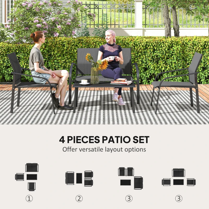 Outsunny 4 Piece Patio Furniture Set, Outdoor Conversation Set with Deep Seat, Loveseats, Armchairs, Glass-Top Table, Black