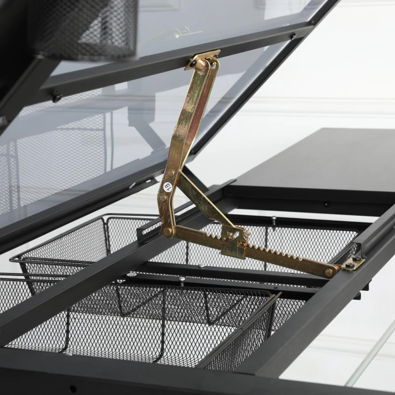 Hand-Crank Adjustable Drafting Table with 2 Drawers, Pull-Out MDF Side Shelf, Tempered Glass Top Desk for Kids, 38" L x 23.5" W x 29.5" H, Black