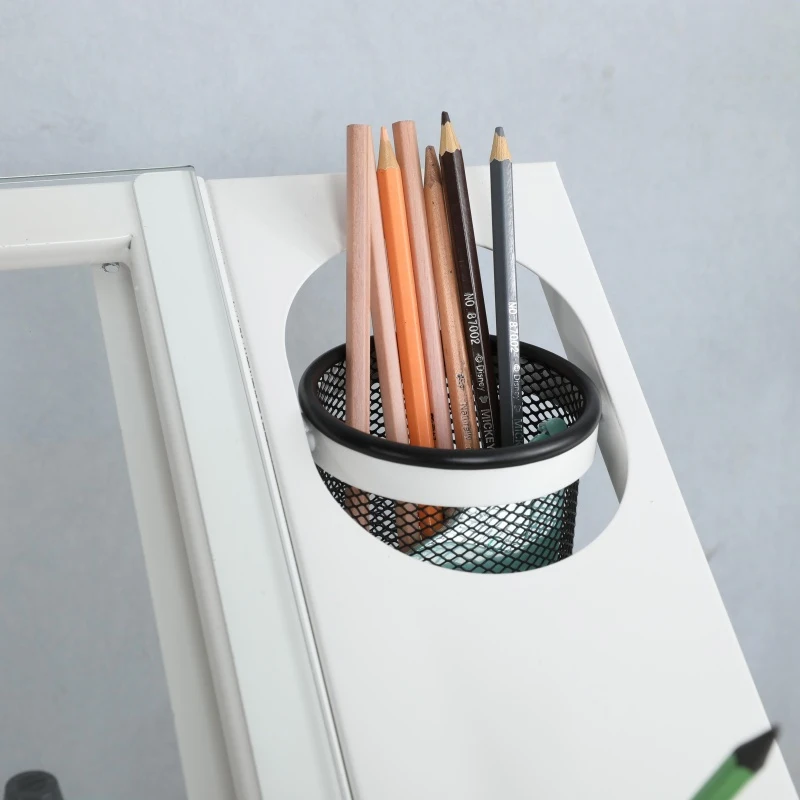 Hand-Crank Adjustable Drafting Table with 2 Drawers, Pull-Out MDF Side Shelf, Tempered Glass Top Desk for Kids, 38" L x 23.5" W x 29.5" H, White