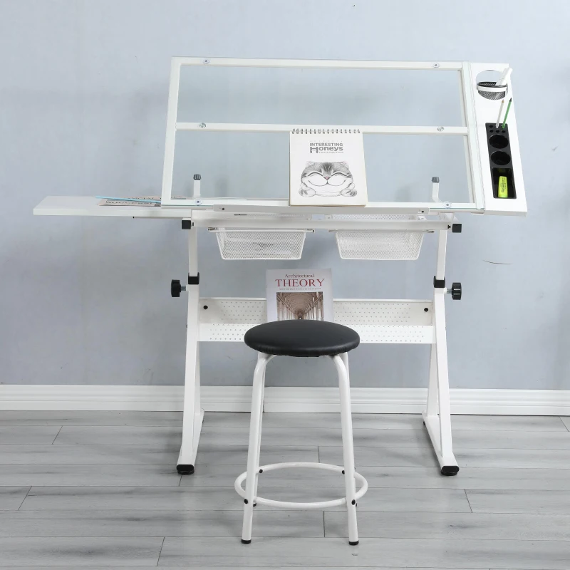 Adjustable Tempered Glass Drafting Table with 2 Metal Drawers, Chair, Powder-Coated Steel Frame Desk for Kids, 40" L x 23.5" W x 27.5" H, White
