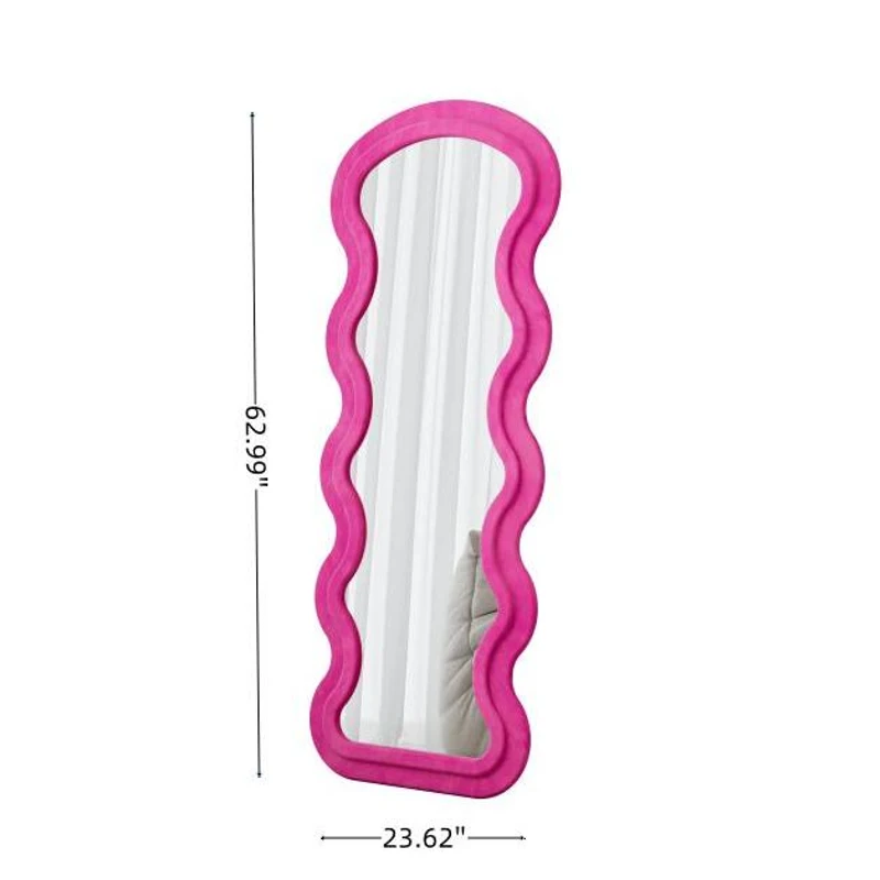 Flannel-Covered Wavy Full-Length Floor Mirror with True-Reflection Glass, Metal Glass with Shatter-Resistant Backing, 63" L x 24" W x 2.5" H, Rose