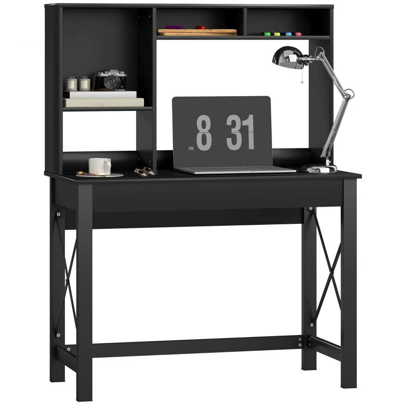 HOMCOM Computer Desk with Hutch, Home Office Table with Storage Shelves and Open Compartments for Writing, Work, Black