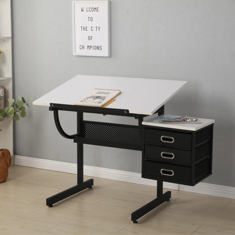Adjustable Drafting Table with Stool and 3 Hanging Fabric Drawers, Desk for Drawing, Crafting & Reading, 45.5" L x 23.5" W x 30" H, Black+White
