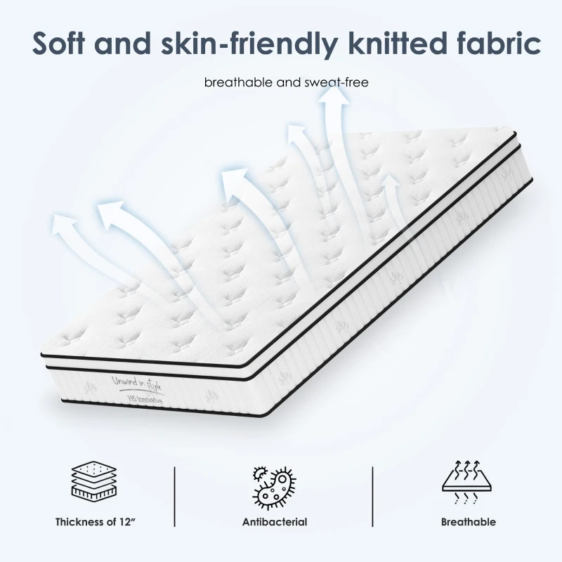 12'' Full Memory Foam Hybrid Mattress with Pocket Springs, Mattress Pad with Compressed and Vacuum-Sealed, 54'' L x 75'' W x 12'' H, White