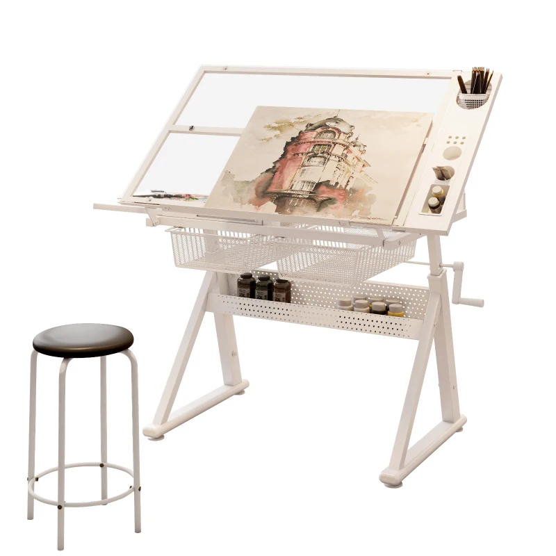 Hand-Crank Adjustable Drafting Table with 2 Large Metal Drawers, Drawing Desk with Tempered Glass Top, 40" L x 23.5" W x 29.5" H, White