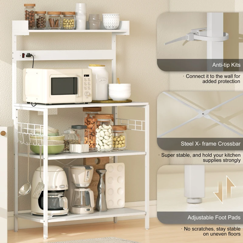 HOMCOM Kitchen Baker's Rack with Power Outlet, Coffee Bar Station with Adjustable Shelves and Hooks, Distressed White