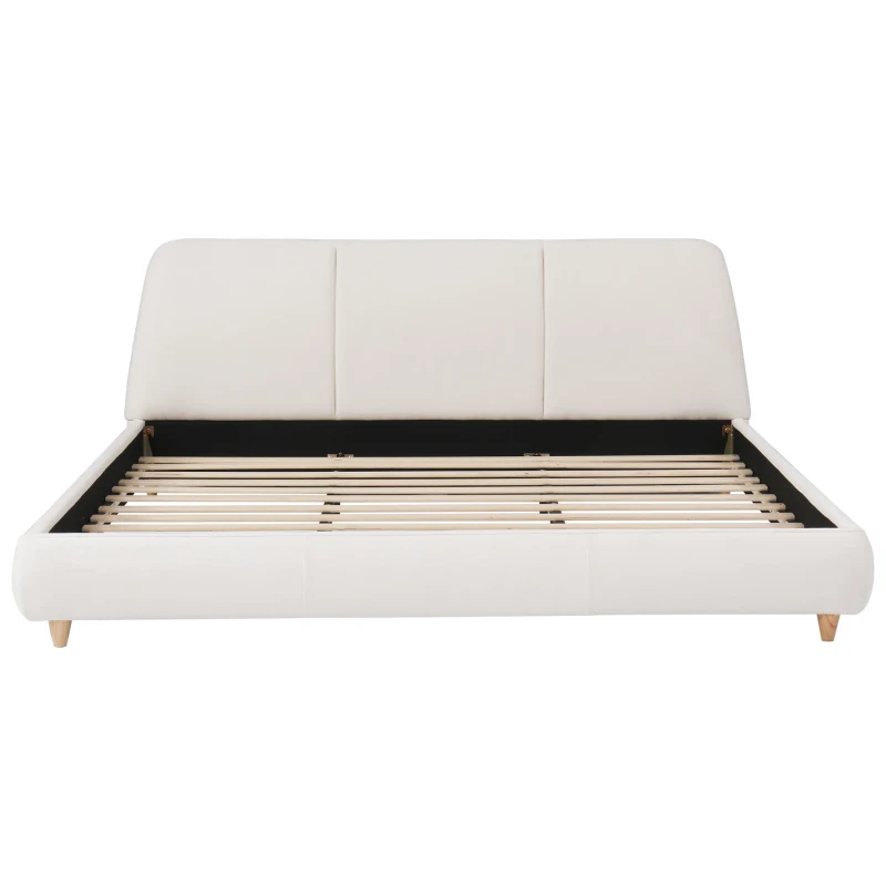 Modern Minimalist Upholstered Bed with Rubberwood Legs, Upholstered Platform Bed with Wood Slats, 88'' L x 80.5'' W x 33.5'' H, White