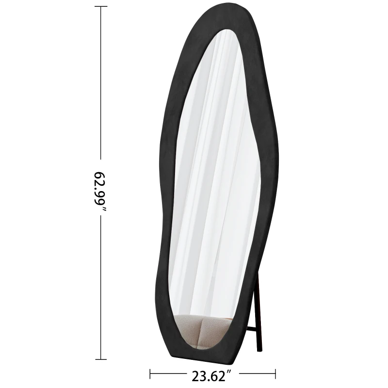 Full-Length Mirror with Flannel-Wrapped Wooden Frame, Irregular Wavy Design, Tempered Glass for Living Room, 63" L x 24" W x 2.5" H, Black