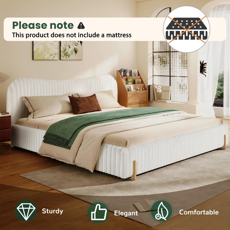 Modern Minimalist Upholstered Bed with Padded Headboard, Upholstered Platform Bed with Rubberwood Legs, 86'' L x 81.5'' W x 34.5'' H, White