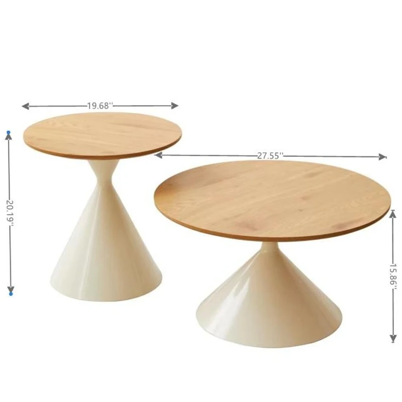 2-Piece Round Nesting Coffee Table Set with Curved Inset Edges, Tea Table Set with MDF Tops, 27.5" L x 27.5" W x 16" H, Brown+White