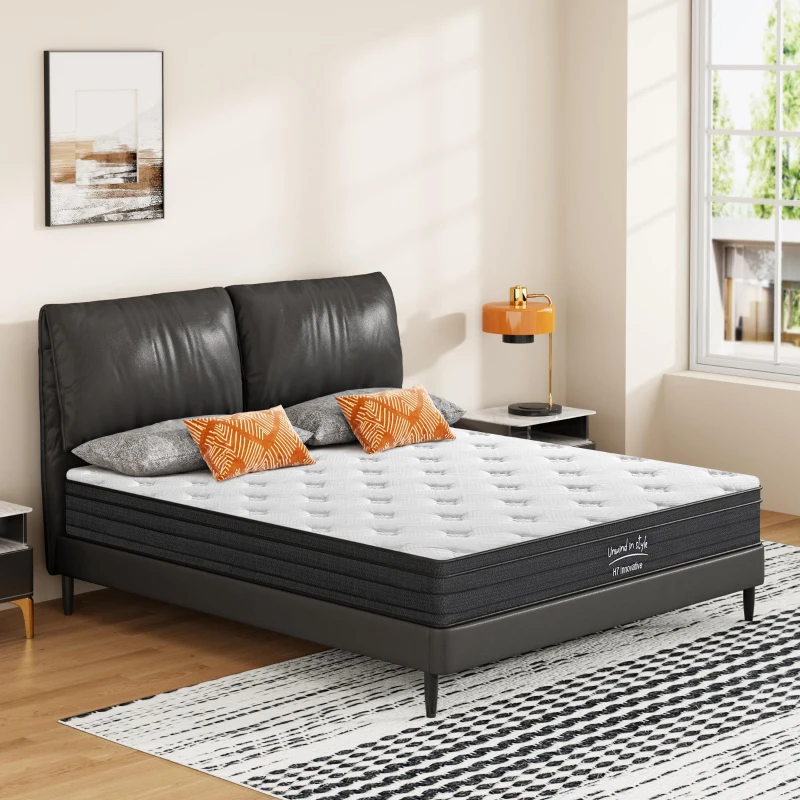 8'' Full Memory Foam Hybrid Mattress with Pocket Springs, Mattress Pad with Compressed and Vacuum-Sealed, 60'' L x 80'' W x 8'' H, White+gray