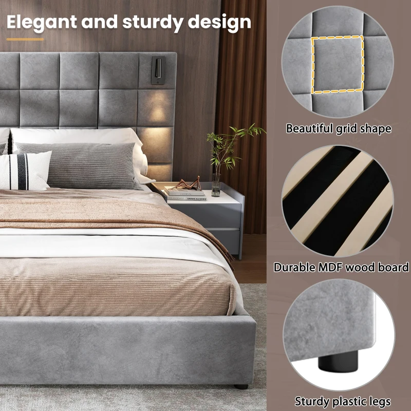 Queen Platform Bed Frame with Built-in Reading Lamps and USB Port, Platform Bed with High Headboard, 84.5'' L x 92'' W x 45.5'' H, Gray