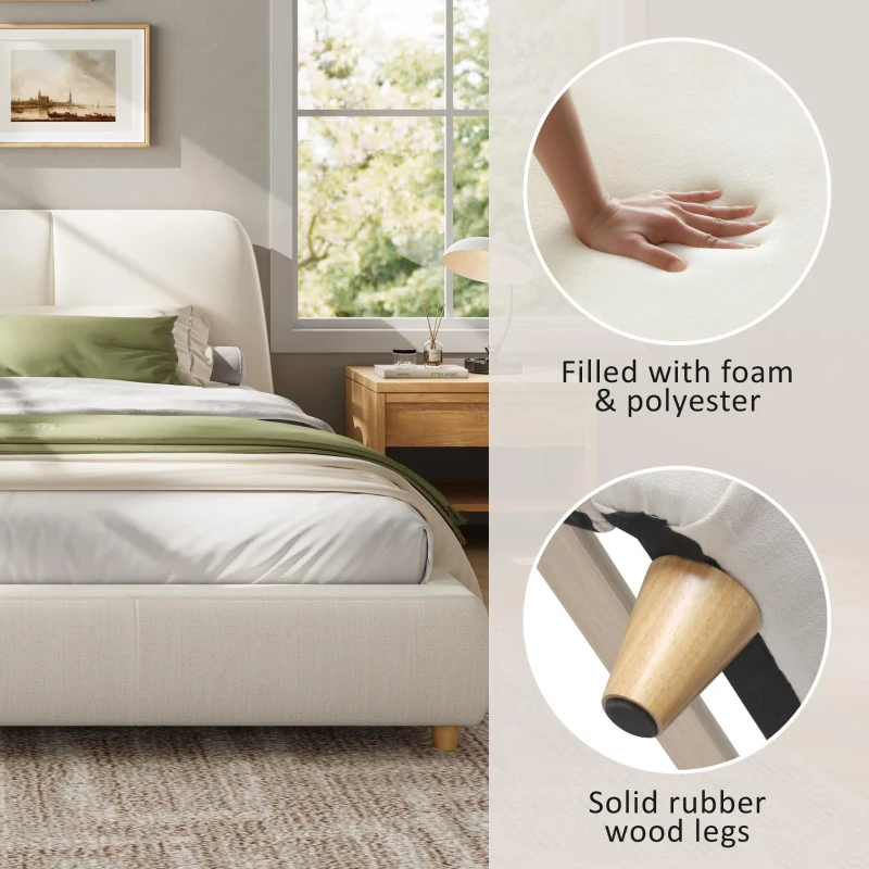 Modern Minimalist Upholstered Bed with Soft Padded Headboard, Platform Bed with Rubberwood Legs, 88'' L x 65.5'' W x 33.5'' H, White