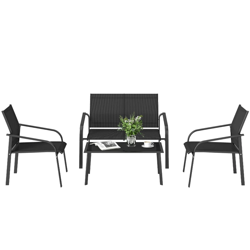 Outsunny 4 Piece Patio Furniture Set, Outdoor Conversation Set with Deep Seat, Loveseats, Armchairs, Glass-Top Table, Black