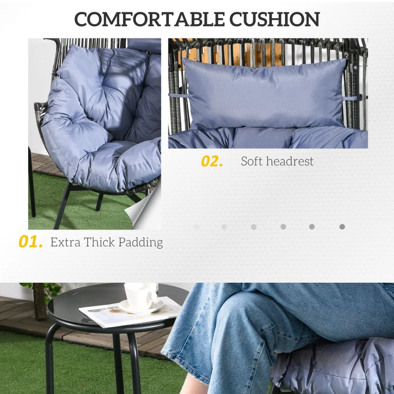 Outsunny Wicker Egg Chair Outdoor Indoor Rattan Oversized Patio Lounge Chair with 5.5" Cushions and Headrest, Grey