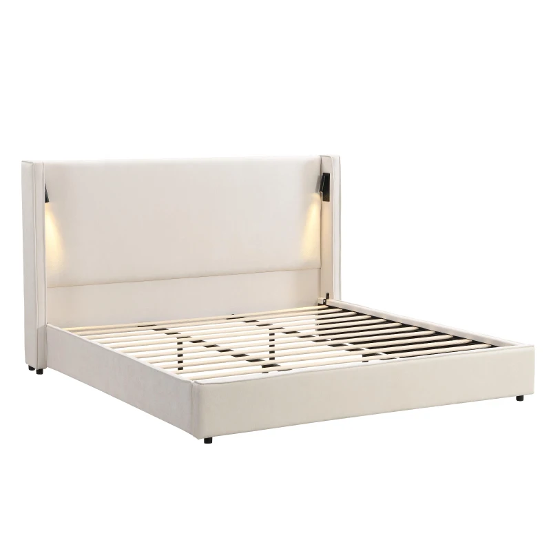 King Bed Frame with Adjustable Reading Lamp and USB Charging Port, Platform Bed with Wingback Headboard, 86'' L x 83.5'' W x 49'' H, Beige