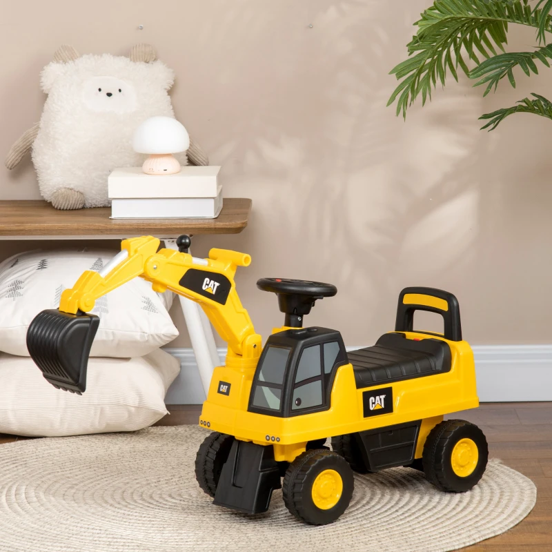 Aosom Kids Excavator Ride on Toy CAT Licensed with Manual Shovel, Horn, Hidden Storage for 18-36 Months, Yellow