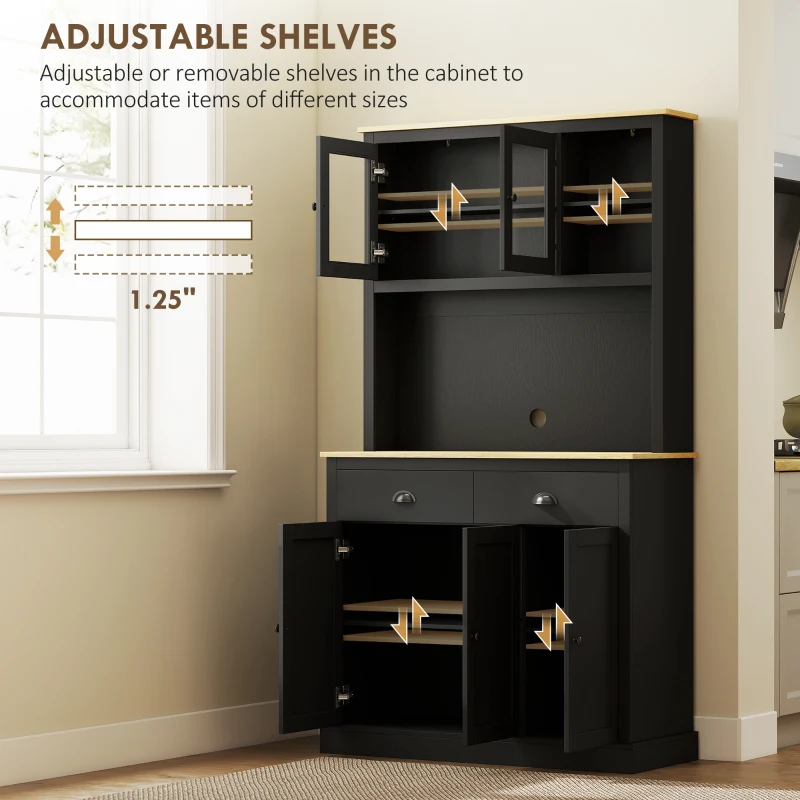 HOMCOM Freestanding Kitchen Cabinet, 71" Tall Pantry Cabinet, Modern Hutch with Wide Countertop, Adjustable Shelves, Black