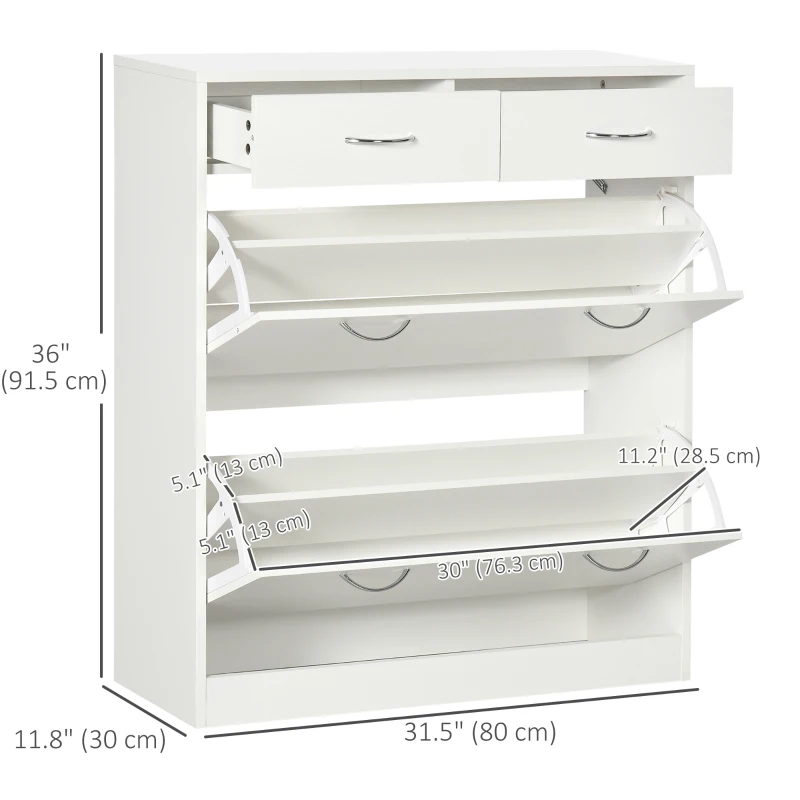 HOMCOM Narrow Shoe Storage with 2 Flip Drawers and Adjustable Shelves Shoe Cabinet Organizer for 12 Pairs of Shoes, White
