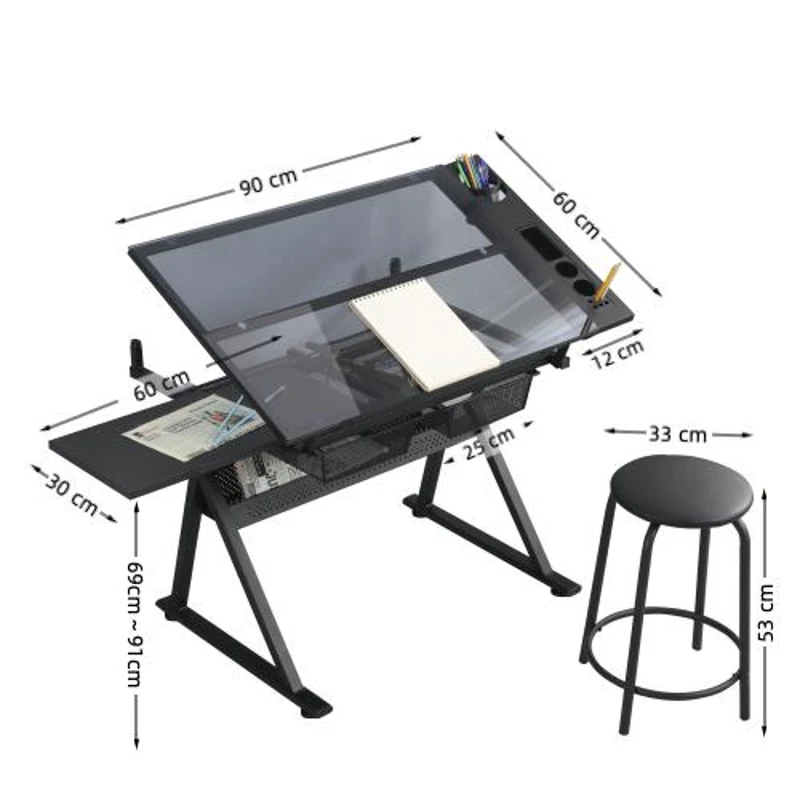 Adjustable Tempered Glass Drafting Table with 2 Large Metal Drawers and Stool, Desk with Side Storage Rails, 40" L x 23.5" W x 27.5" H, Black
