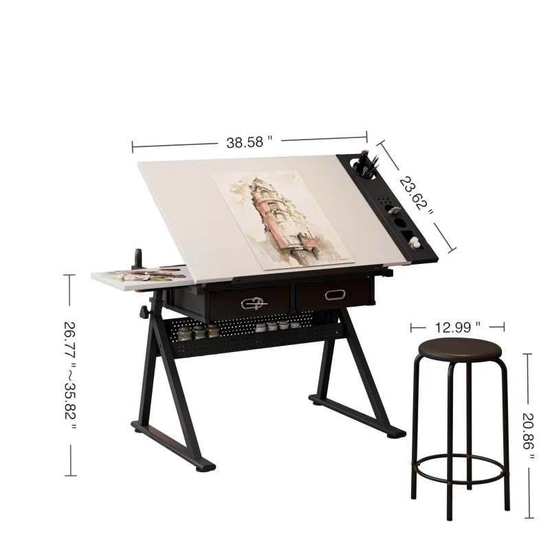 Adjustable Drafting Table Desk with Tilt Top, 2 Large Fabric Drawers, Drawing Desk with Side Pen Storage, 38.5" L x 23.5" W x 27" - 36" H, White