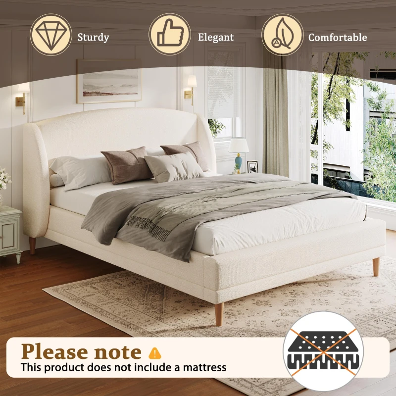 Hazel Queen Bed Frame with Soft Boucle Wingback Headboard, Upholstered Platform Bed with Wood Slats, 86.5'' L x 68'' W x 45.5'' H, White