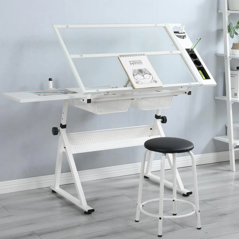 Adjustable Tempered Glass Drafting Table with 2 Metal Drawers, Chair, Powder-Coated Steel Frame Desk for Kids, 40" L x 23.5" W x 27.5" H, White