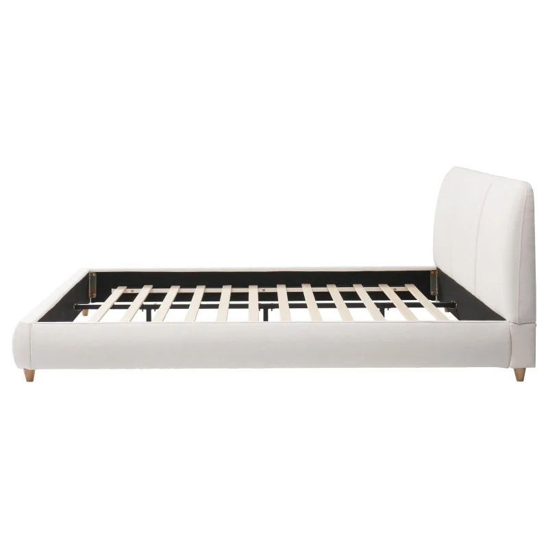 Modern Minimalist Upholstered Bed with Rubberwood Legs, Upholstered Platform Bed with Wood Slats, 88'' L x 80.5'' W x 33.5'' H, White