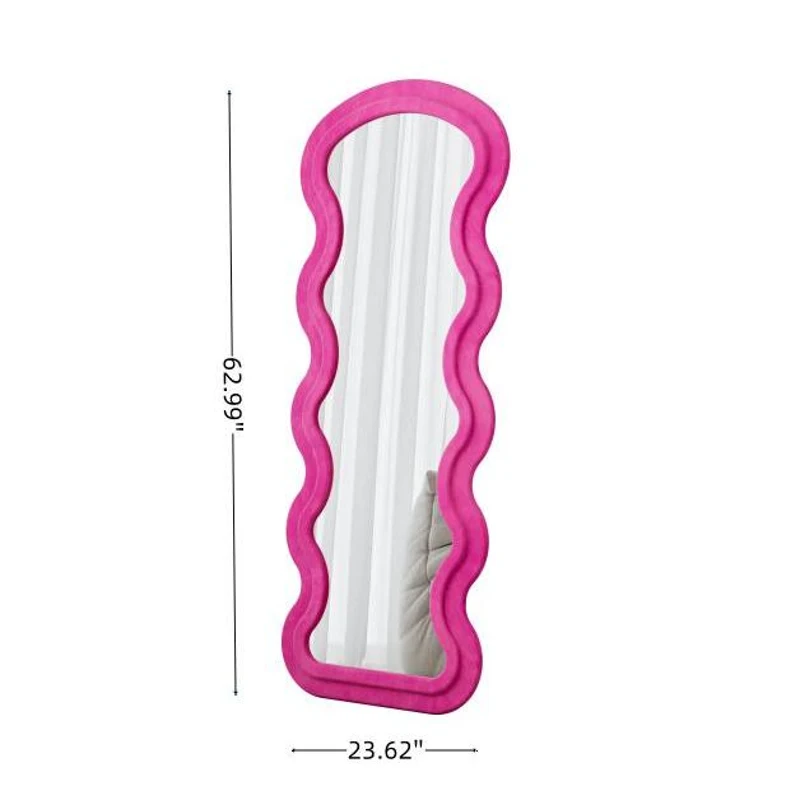 Flannel-Covered Wavy Full-Length Floor Mirror with True-Reflection Glass, Metal Glass with Shatter-Resistant Backing, 63" L x 24" W x 2.5" H, Rose