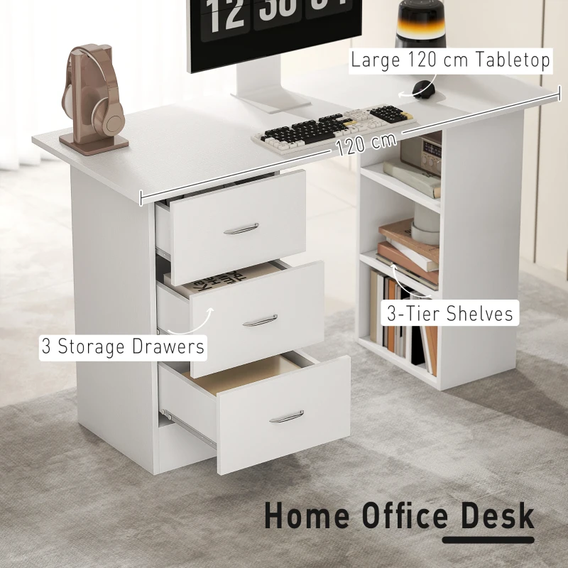 HOMCOM Computer Desk, 47" Writing Table with 3-Tier Shelves and 3 Reversible Drawers for Home Office, Bedroom, White