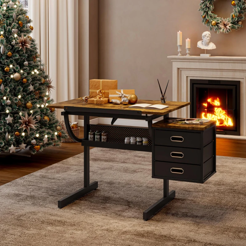 Adjustable Drafting Table with 3 Drawers, Owder-Coated Steel Frame, Drawing Desk for Sketching and Crafting, 46" L x 23.5" W x 29.5" H, Black