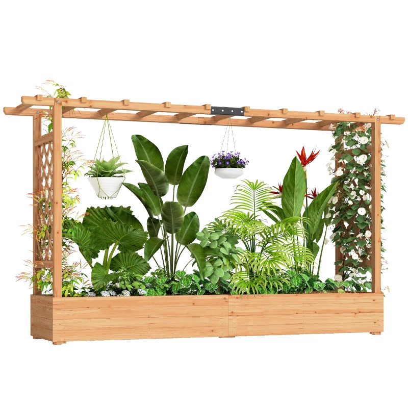 Outsunny Wooden Planter Box with Trellis, Hanging Roof and Drainage Holes for Climbing Plants, Vegetables, Herbs and Flowers