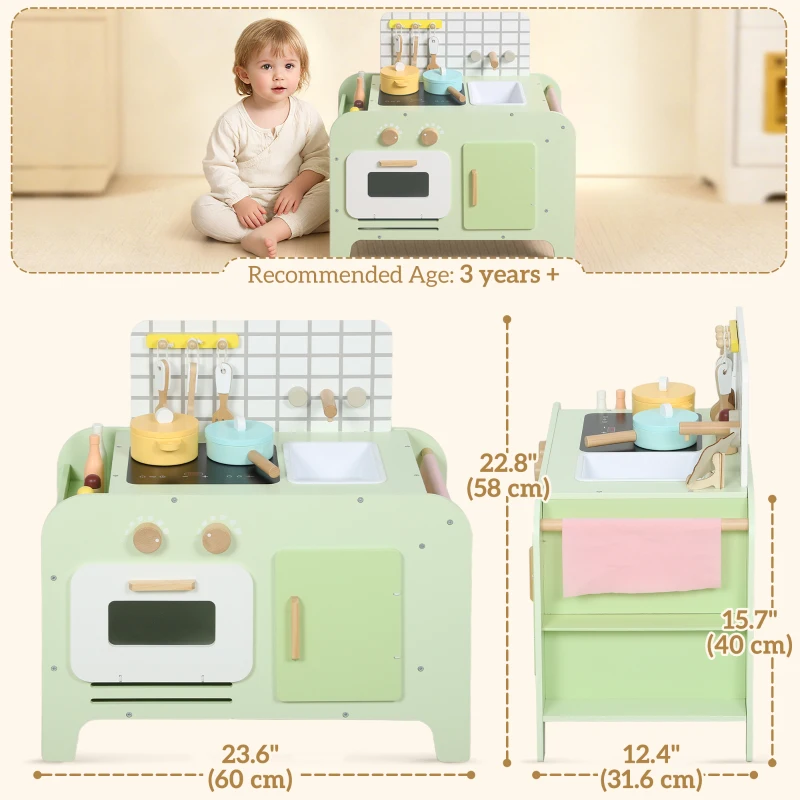 Qaba Kids Kitchen Playset with 15 Accessories, Microwave Oven, Cabinets, for Boys and Girls Ages 3+, Green