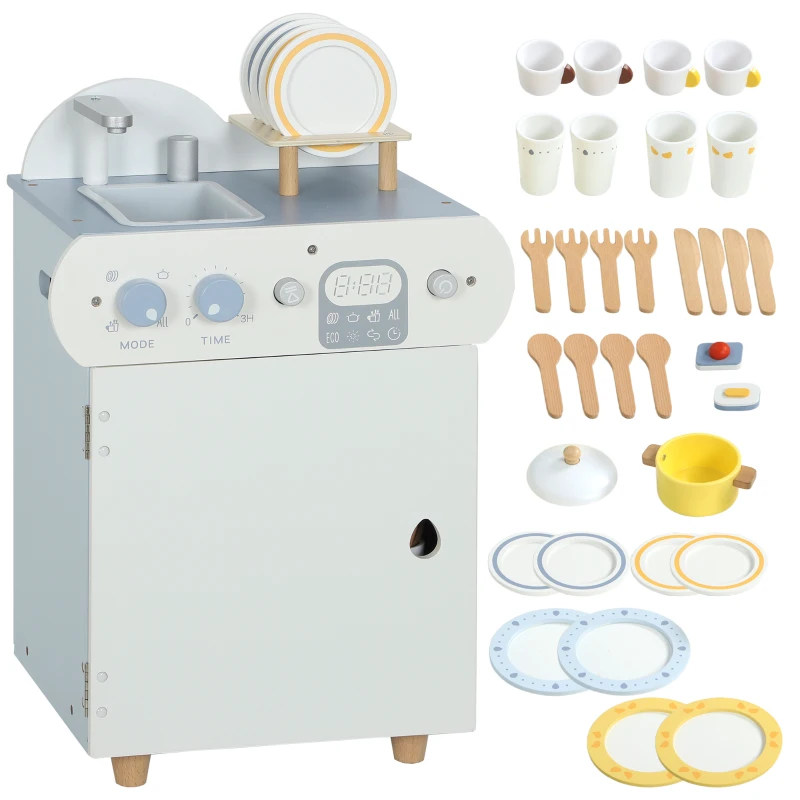 Qaba Wooden Dishwasher Playset, Play Sink Toys with Faucet, Turning Knobs and Accessories, Gift for Boys Girls Toddlers