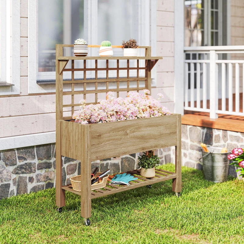 Outsunny 41" Raised Garden Bed Mobile Elevated Wooden Planter Box Stand with Wheels, Trellis and Storage Shelf, Dark Brown