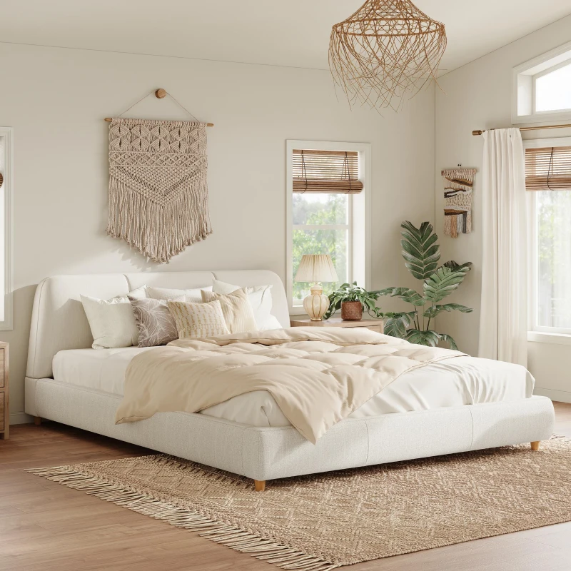 Modern Minimalist Upholstered Bed with Rubberwood Legs, Upholstered Platform Bed with Wood Slats, 88'' L x 80.5'' W x 33.5'' H, White