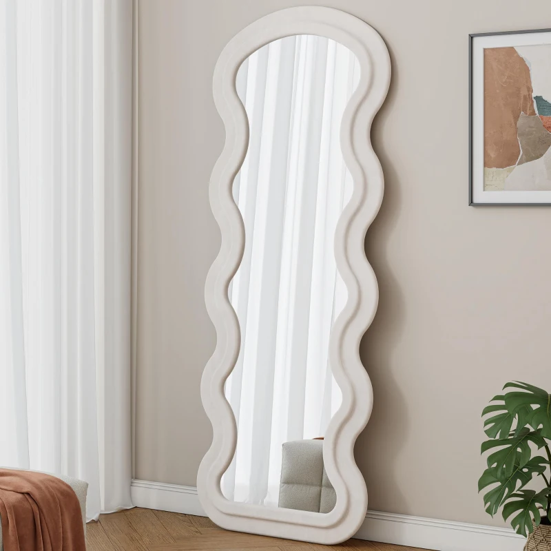 Flannel Full-Length Wavy Floor Mirror with Stand, Soft Padded Frame, Glass with Shatter-Resistant Backing, 63" L x 24" W x 2.5" H, Cream White