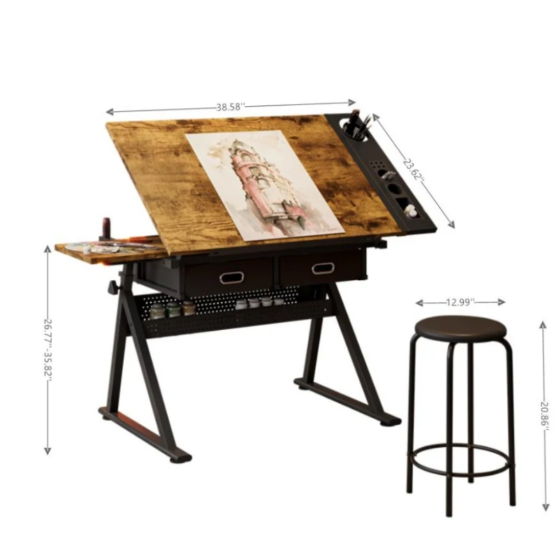 Adjustable Drafting Table Desk with 2 Large Fabric Drawers and Stool, Drawing Desk with Adjustable Leg Levelers, 38.5" L x 23.5" W x 27" H, Black
