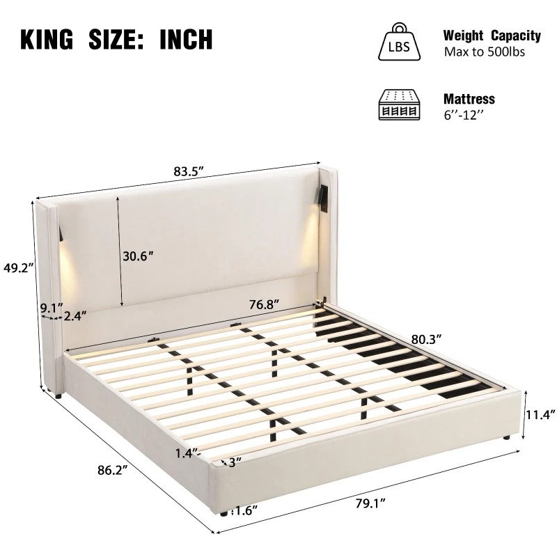 King Bed Frame with Adjustable Reading Lamp and USB Charging Port, Platform Bed with Wingback Headboard, 86'' L x 83.5'' W x 49'' H, Beige