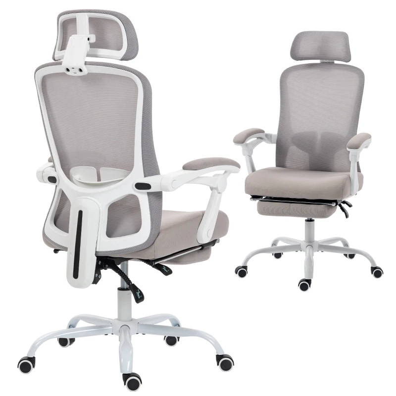 HOMCOM Ergonomic Office Chair, Mesh Reclining Desk Chair with Adjustable Lumbar Support, Headrest, Grey