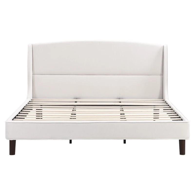 King Size Upholstered Platform Bed with Wingback Headboard, Double Bed with Solid Rubberwood Legs, 87'' L x 79.5'' W x 44.5'' H, White