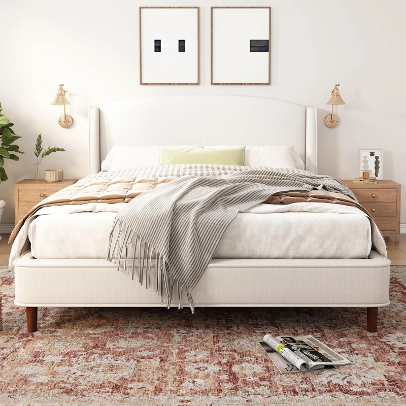 King Size Upholstered Platform Bed with Wingback Headboard, Double Bed with Solid Rubberwood Legs, 87'' L x 79.5'' W x 44.5'' H, White