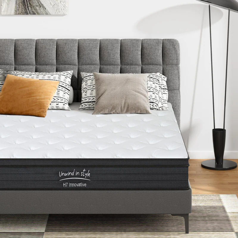 8'' Full Memory Foam Hybrid Mattress with Pocket Springs, Mattress Pad with Compressed and Vacuum-Sealed, 54'' L x 75'' W x 8'' H, White+gray