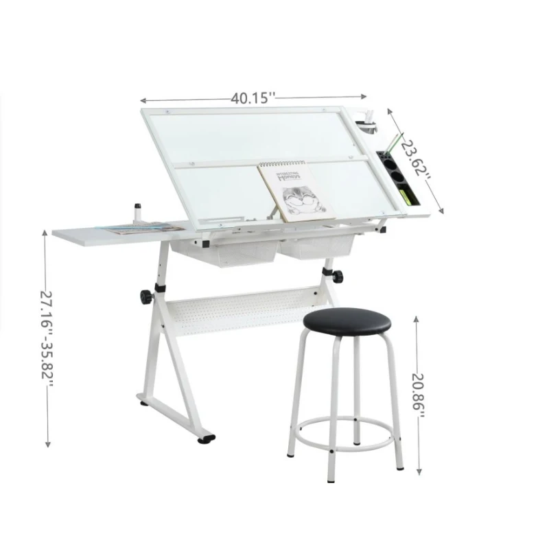 Adjustable Tempered Glass Drafting Table with 2 Metal Drawers, Chair, Powder-Coated Steel Frame Desk for Kids, 40" L x 23.5" W x 27.5" H, White